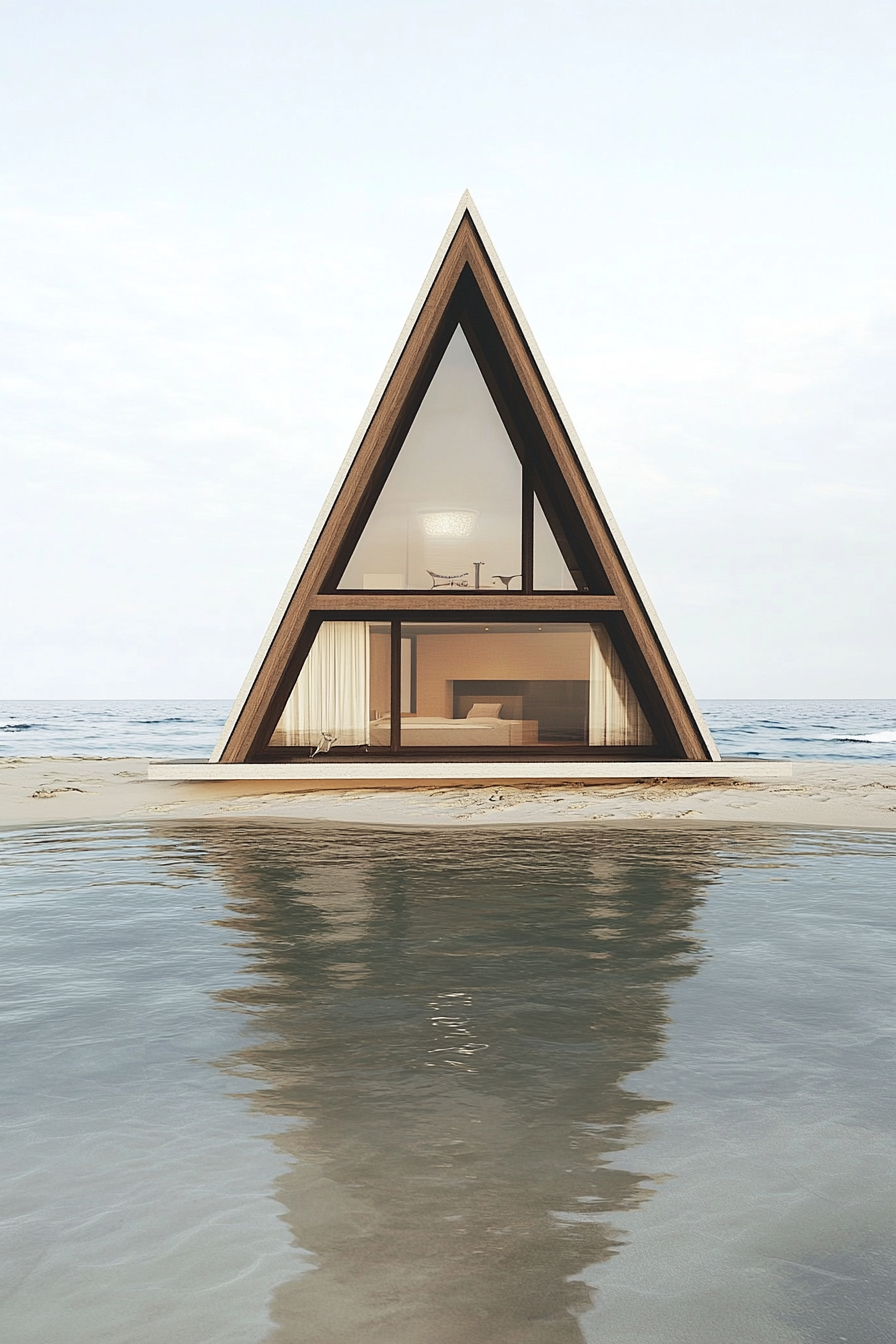 Compact beach house illustration. Unique A-frame structure with uninterrupted ocean vista.