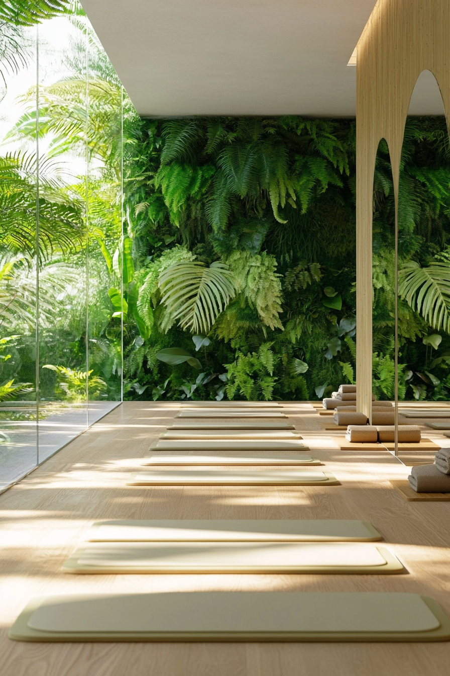 Yoga studio. Glass walls, bamboo mats, vertical garden with ferns.