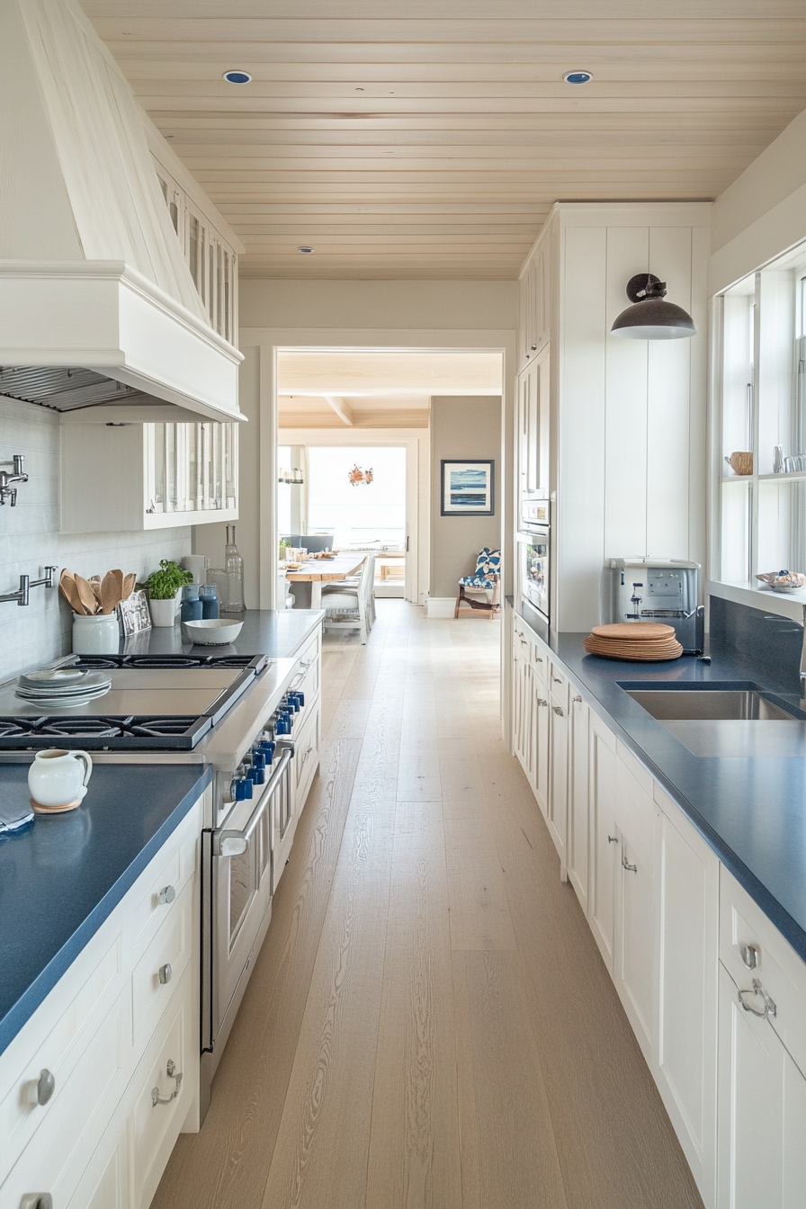 Modern coastal kitchen. White wooden cabinets with blue quartz countertops.