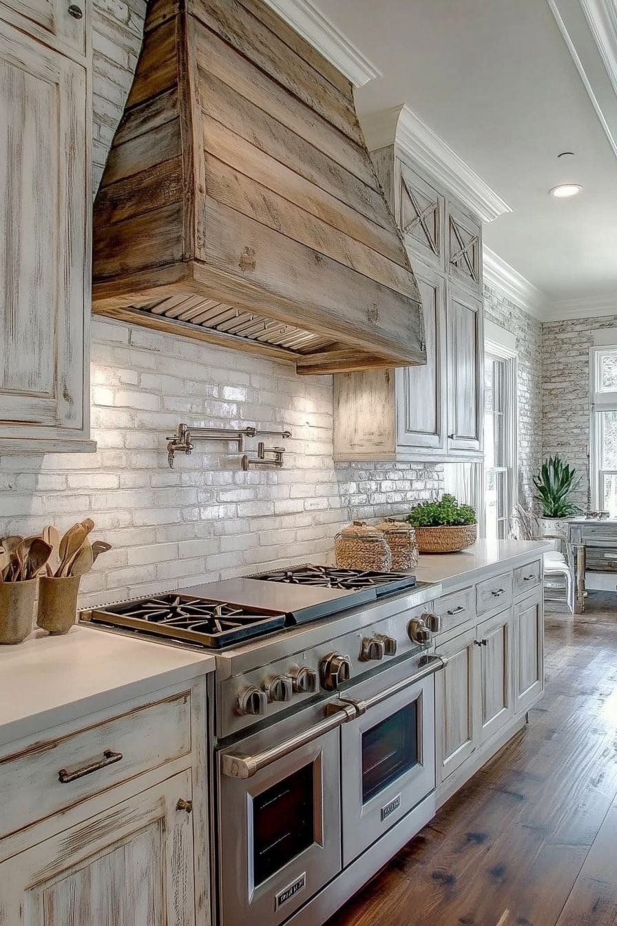 Rustic-modern farmhouse kitchen. Whitewashed brick backsplash with distressed wooden cabinets.