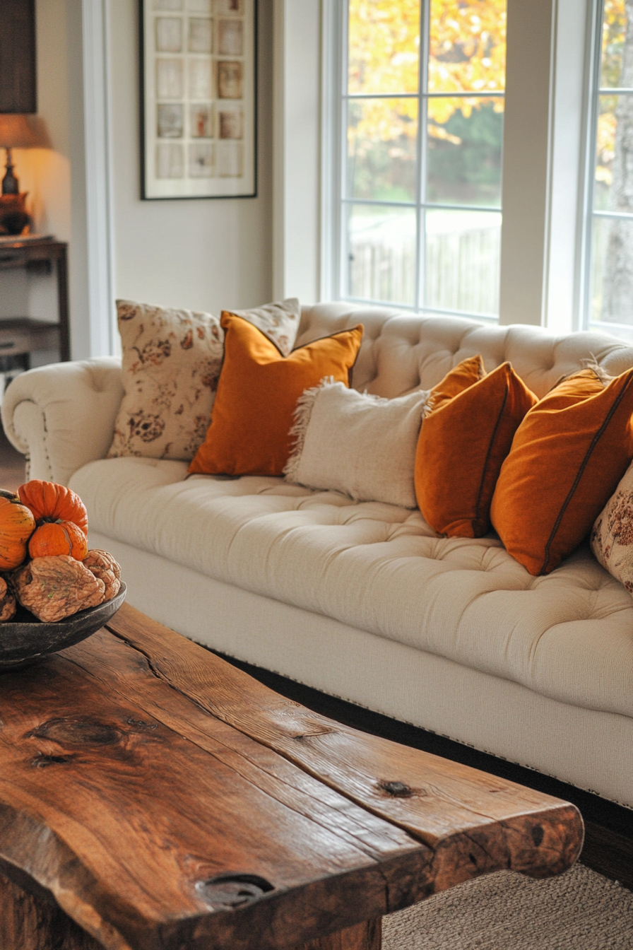 Fall living room. Cream sofa with orange plush pillows and rustic wooden coffee table.