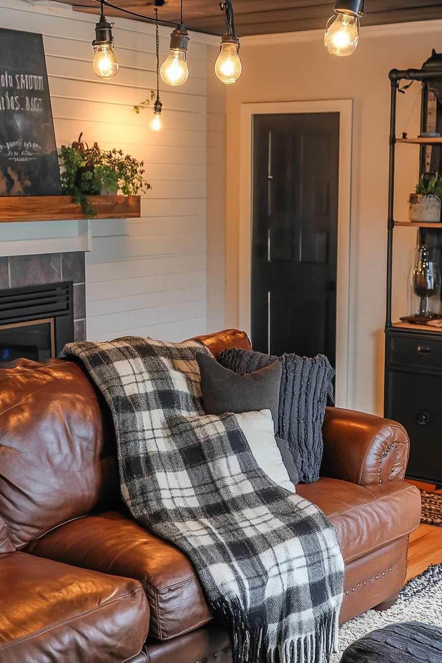 Fall living room. Leather couch with plaid throw blankets and Edison bulb lighting.