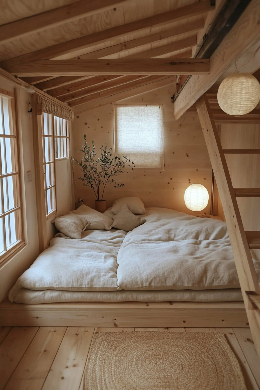 Tiny home interior. Japanese futon in a Scandinavian light wood loft.