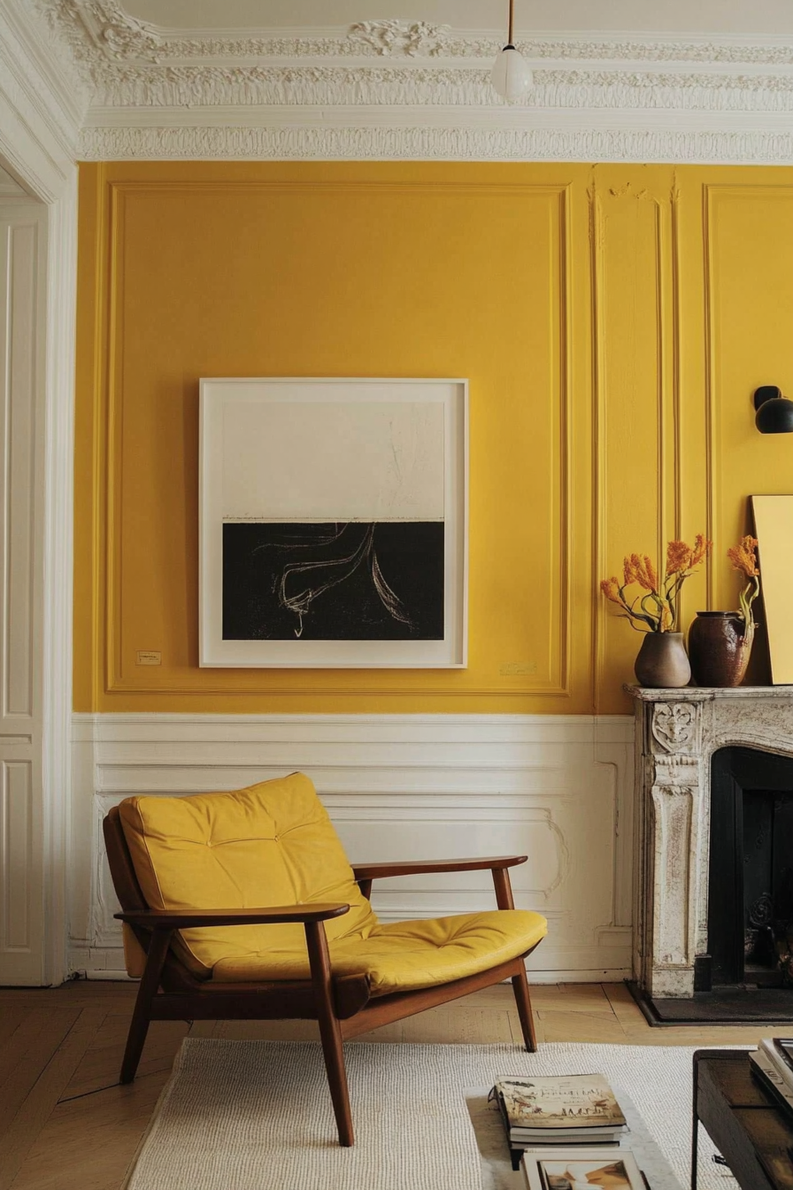 Living room. Minimal art on maximal mustard yellow walls.