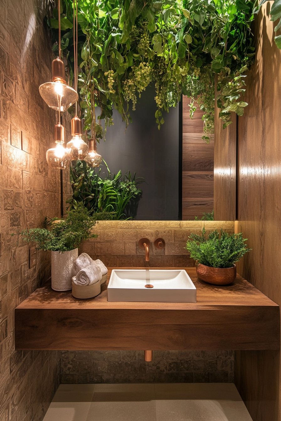 Small luxurious bathroom. Wooden elements, copper fixtures with white hanging plants.