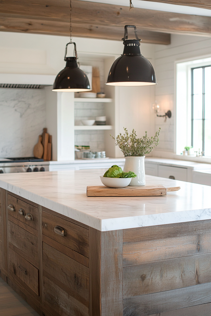 Farmhouse kitchen. Reclaimed wood island with white marble countertop.