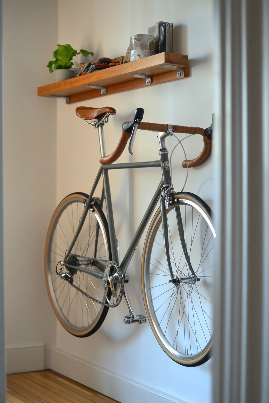 Small apartment storage idea. Wall-mounted bike rack.