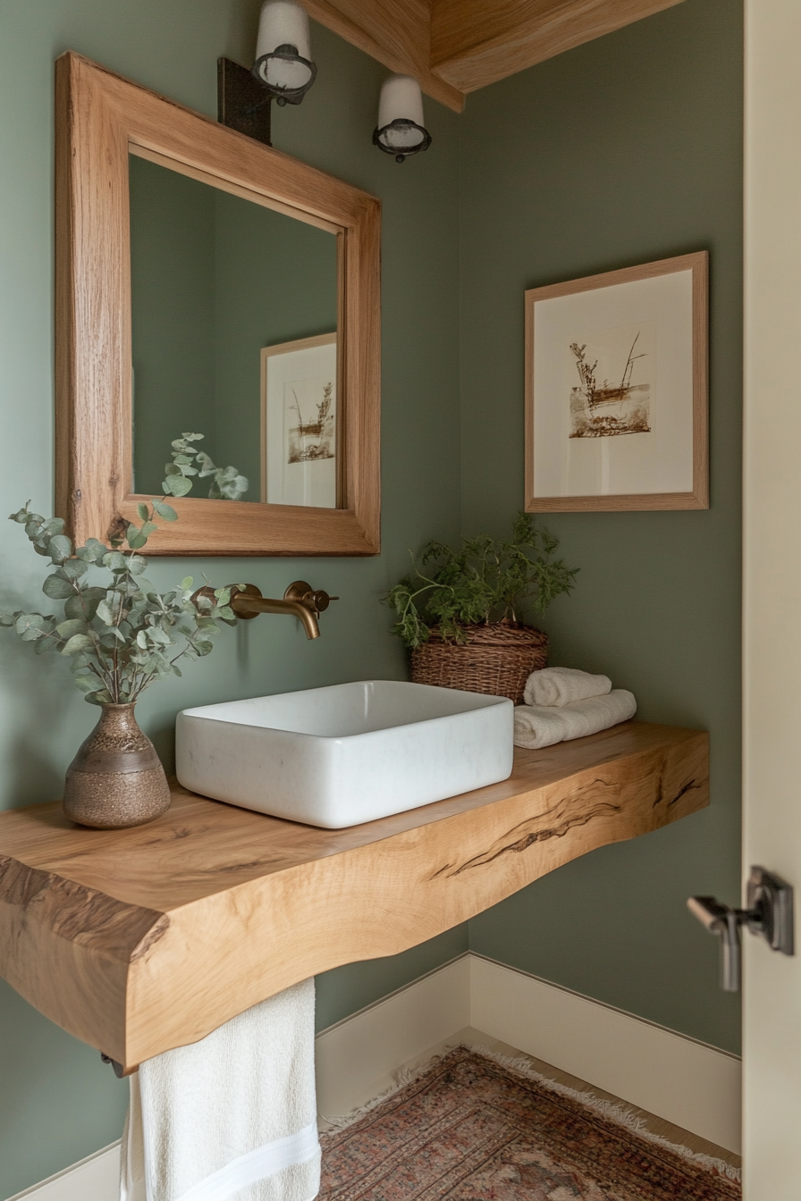 Small luxurious bathroom. Floating teak vanity with sage-green walls.