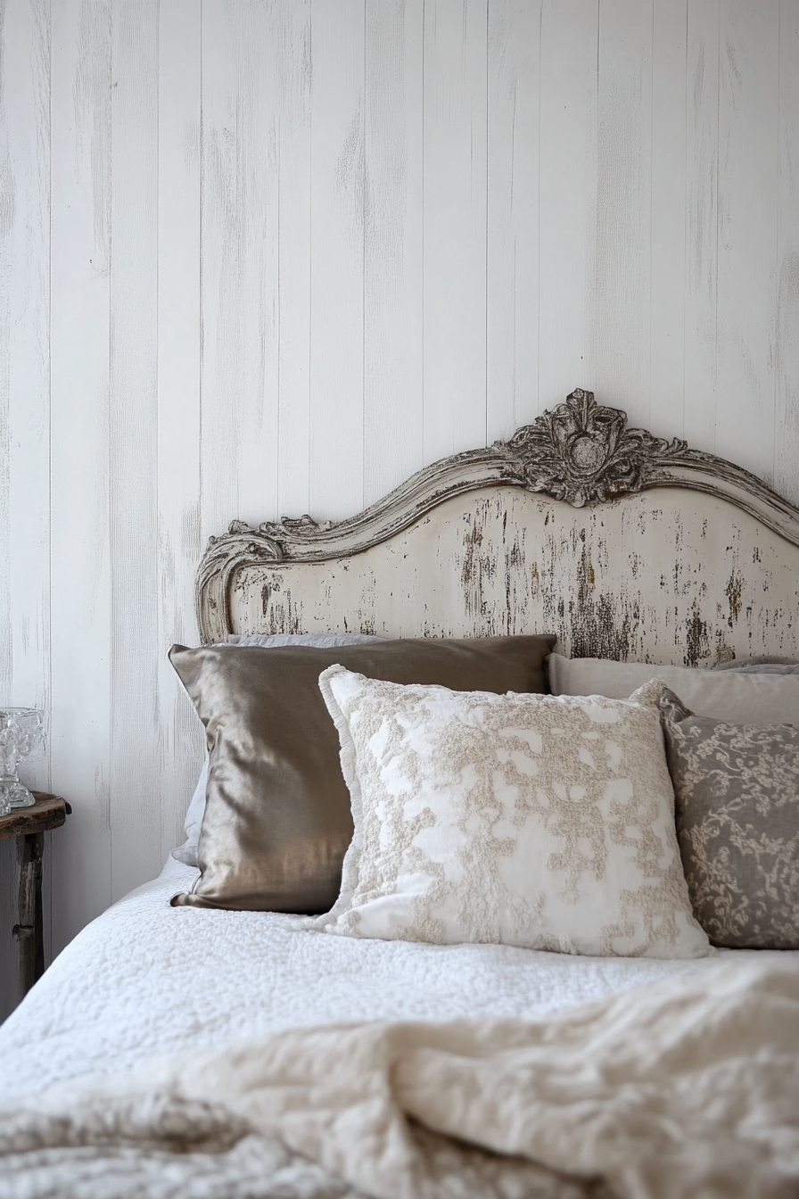 Fall bedroom. Metallic headboard against white rustic wall.