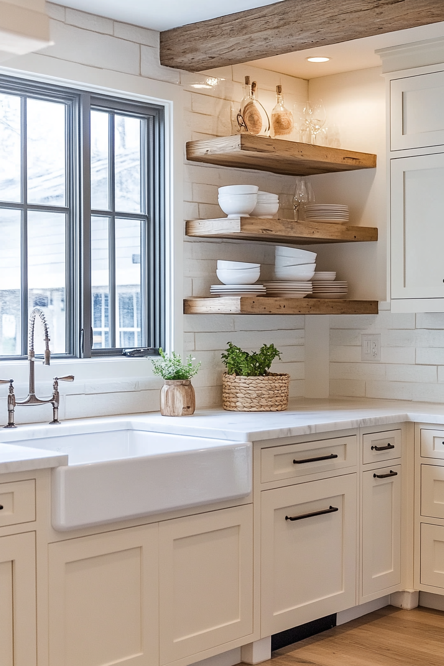 Rustic-Modern Farmhouse Kitchen. Cream-colored cabinets with natural wood open shelving.