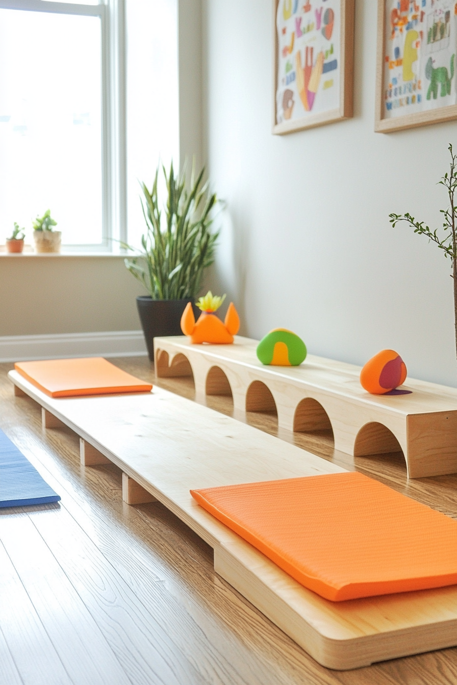 Kids' yoga area. Compact slide-style mat storage including a Montessori balance board.