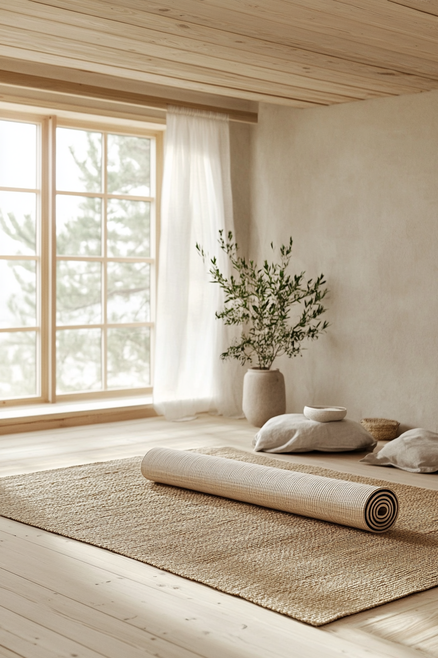 Japandi home yoga studio. Minimalist decor with bamboo yoga mat on a natural jute rug.