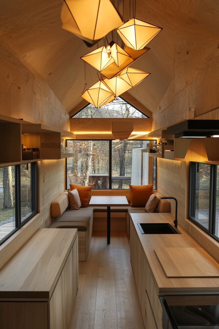 Tiny home interior. Minimalistic wooden furniture with origami-inspired light fixtures.