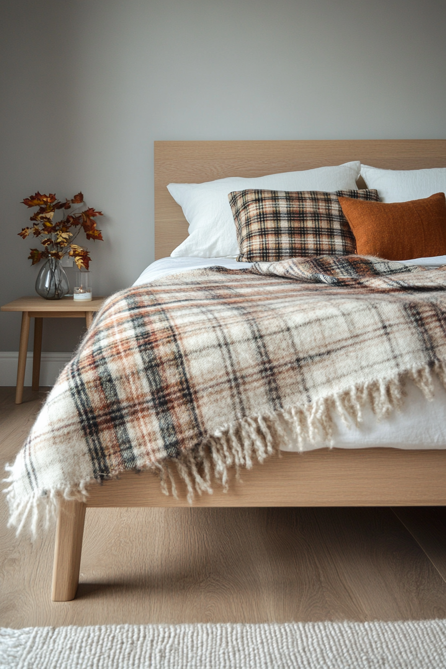 Fall bedroom. Plaid blanket on minimalist oak bed.