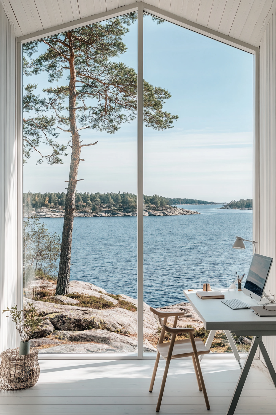 Inspiring workspace. White coastal cabin with wide glass window overlooking an azure sea.