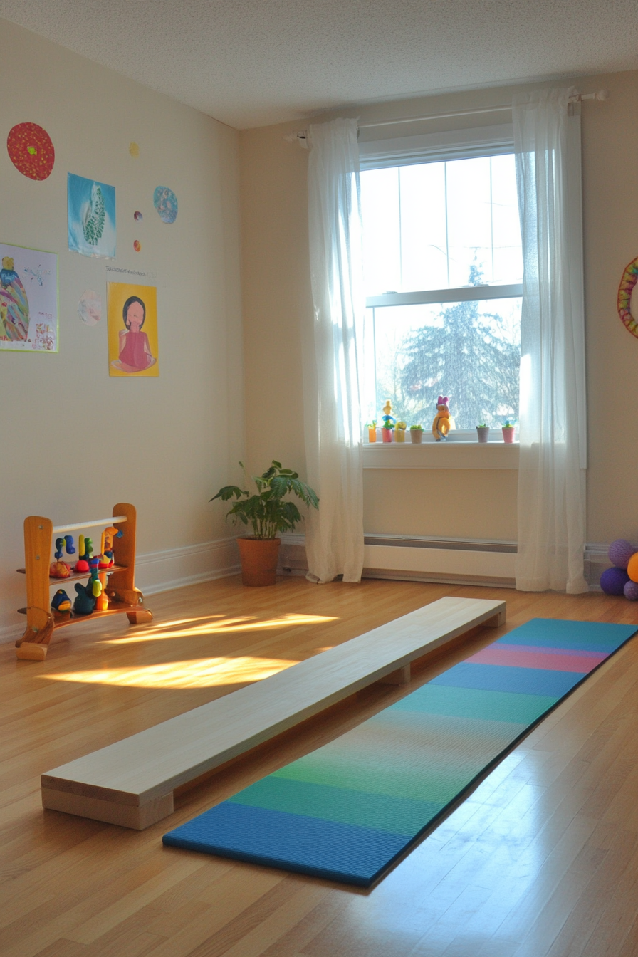 Kids' yoga area. Compact mat with Montessori wooden balance beam.