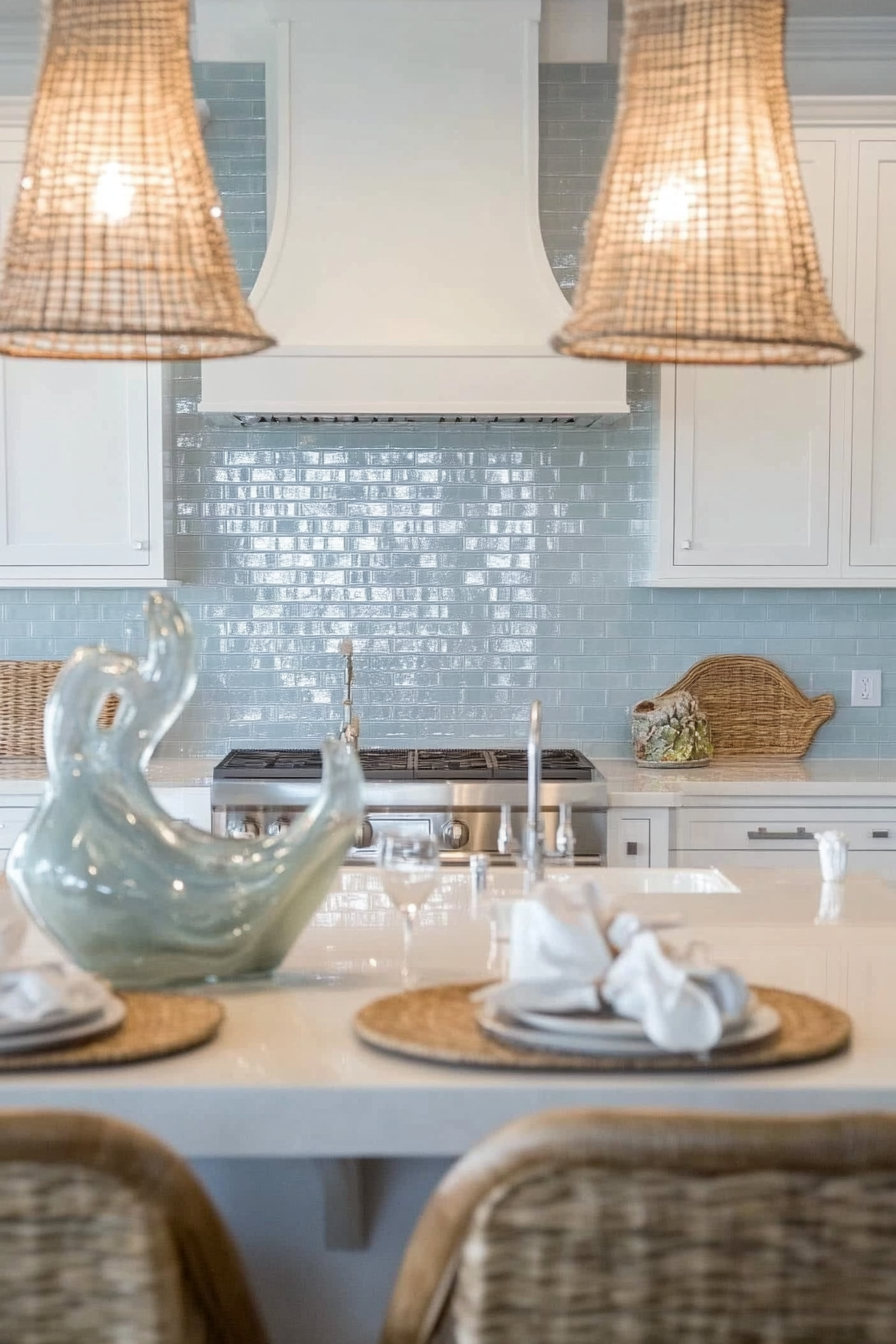 Modern kitchen. Blue subway tile backsplash, white cabinetry, coastal style decor.