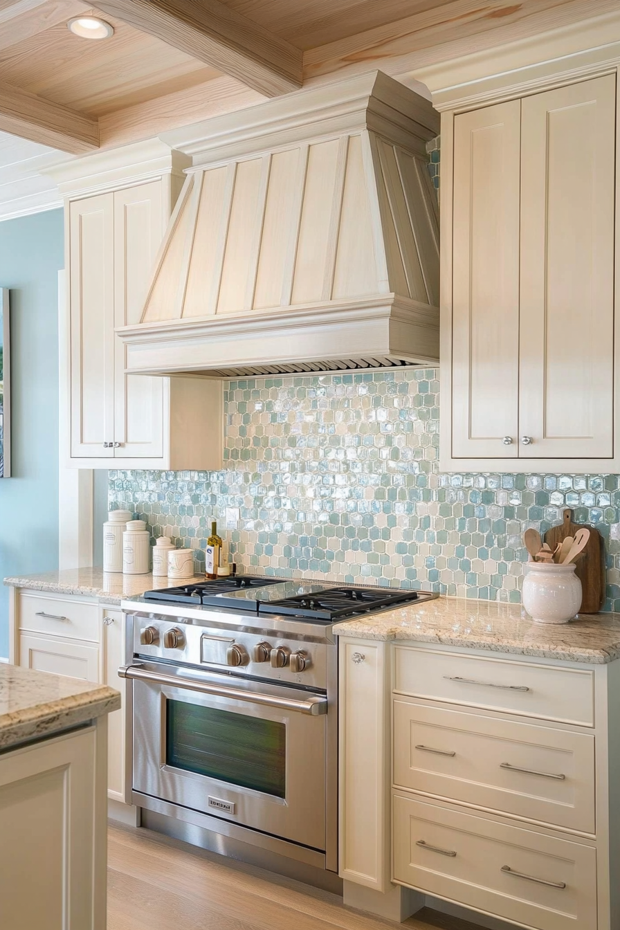 Coastal-themed kitchen displaying cream cabinets and vintage aqua tile backsplash.