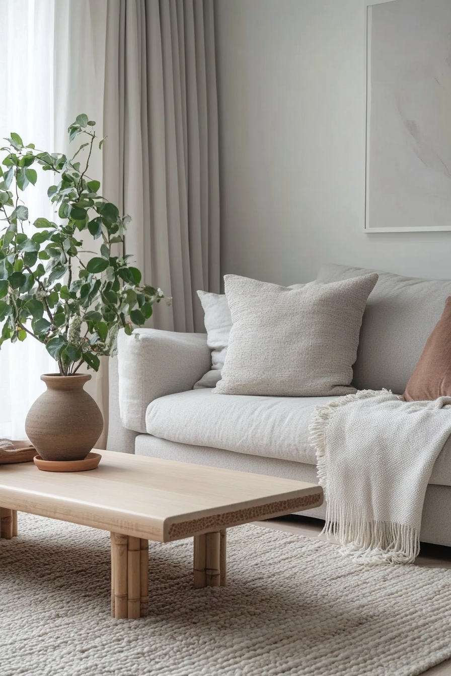 Japandi minimalist living room. Light grey sofa with bamboo coffee table.