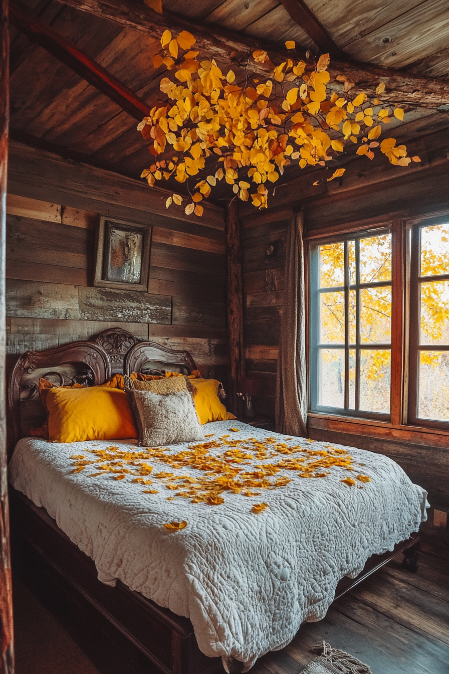 Fall Bedroom. King-sized Art Deco bed inside rustic room with golden yellow leaf decals.