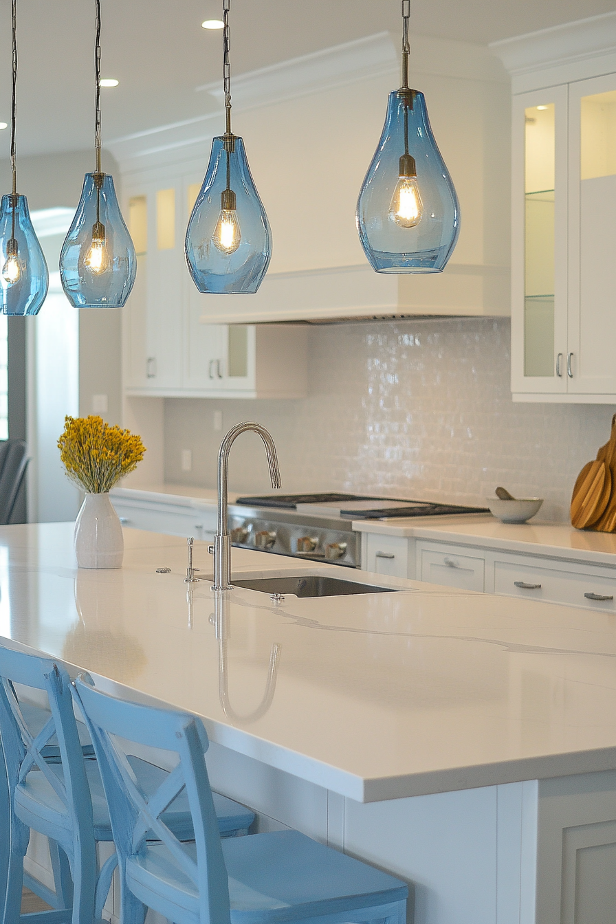 Modern coastal kitchen. White quartz countertops with blue pendant lights.