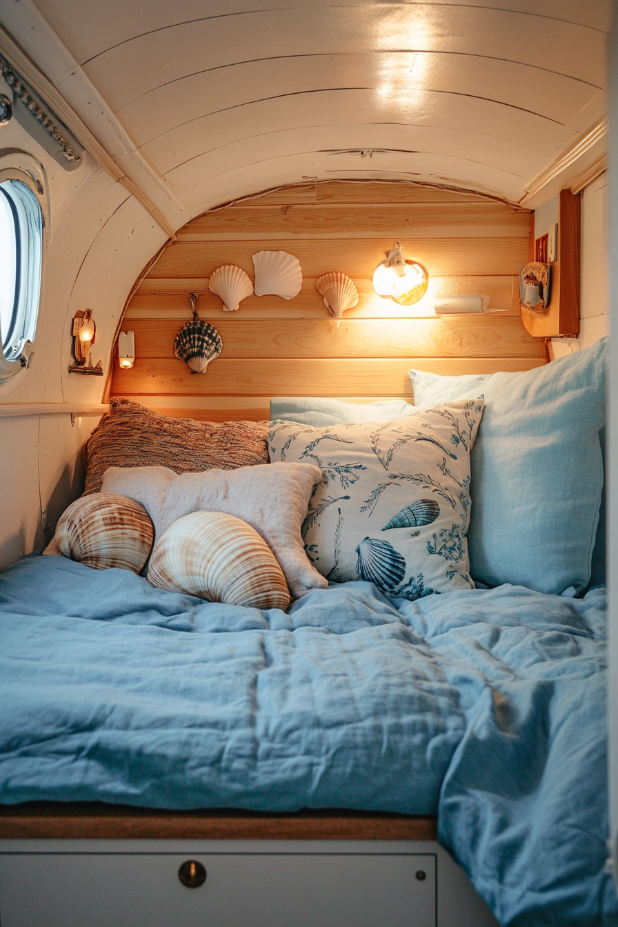 Sleeping area in camper. Tranquil blue bedding with shell-shaped pillows.