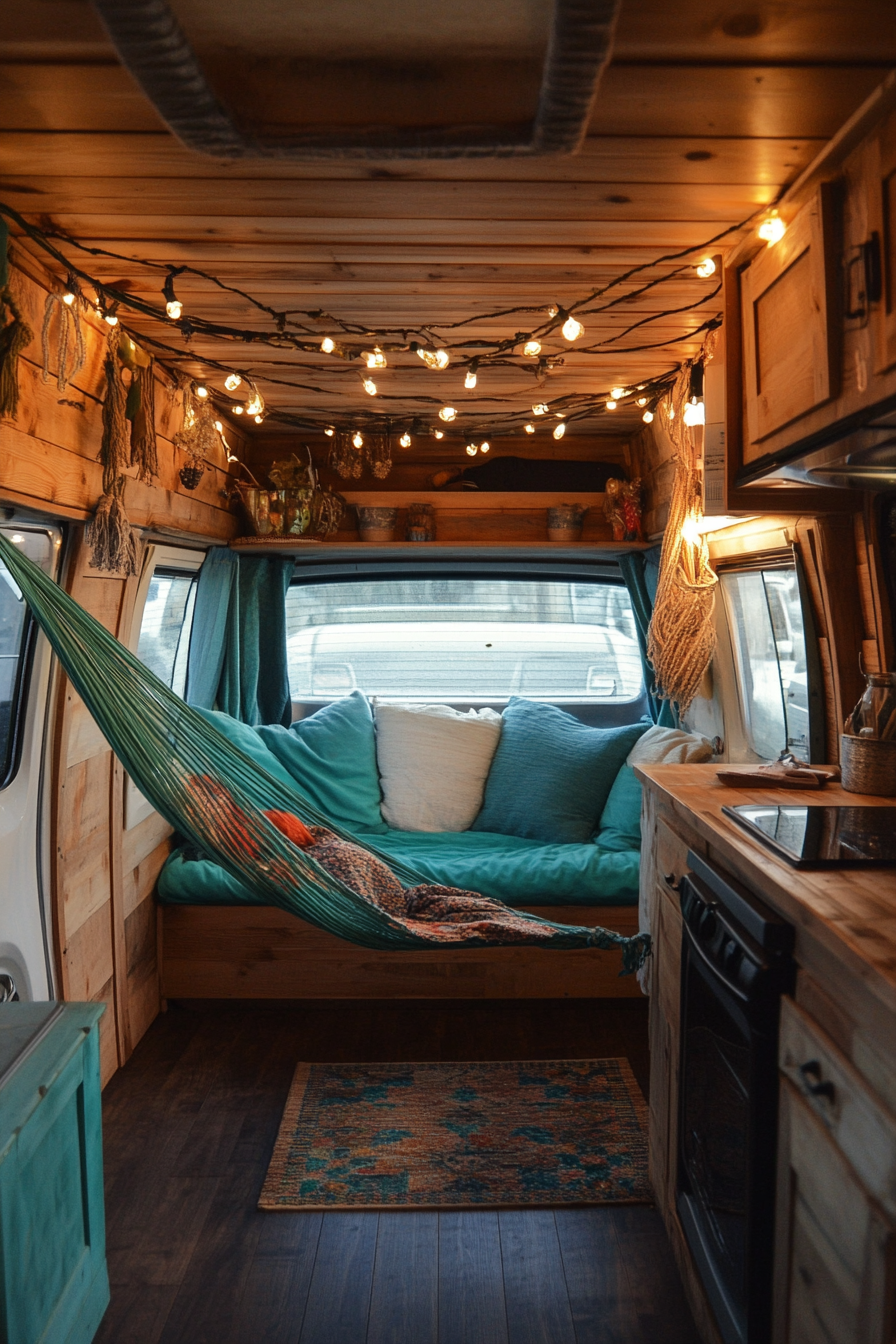 Camper van interior. Wooden paneling with teal accents and hammock chair.