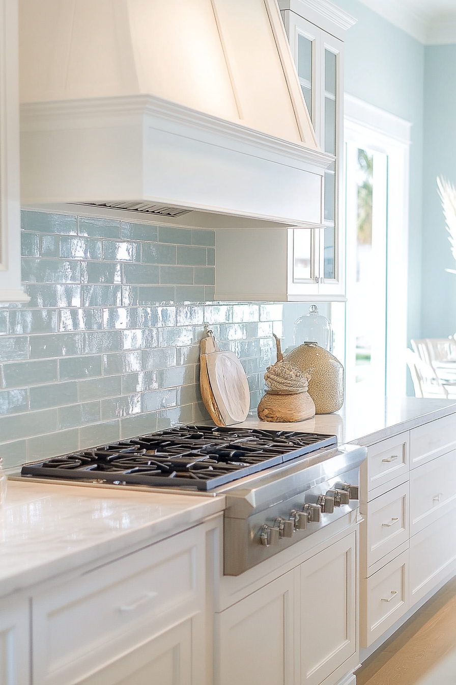 Modern coastal kitchen. Blue subway tile backsplash, white marble countertops.