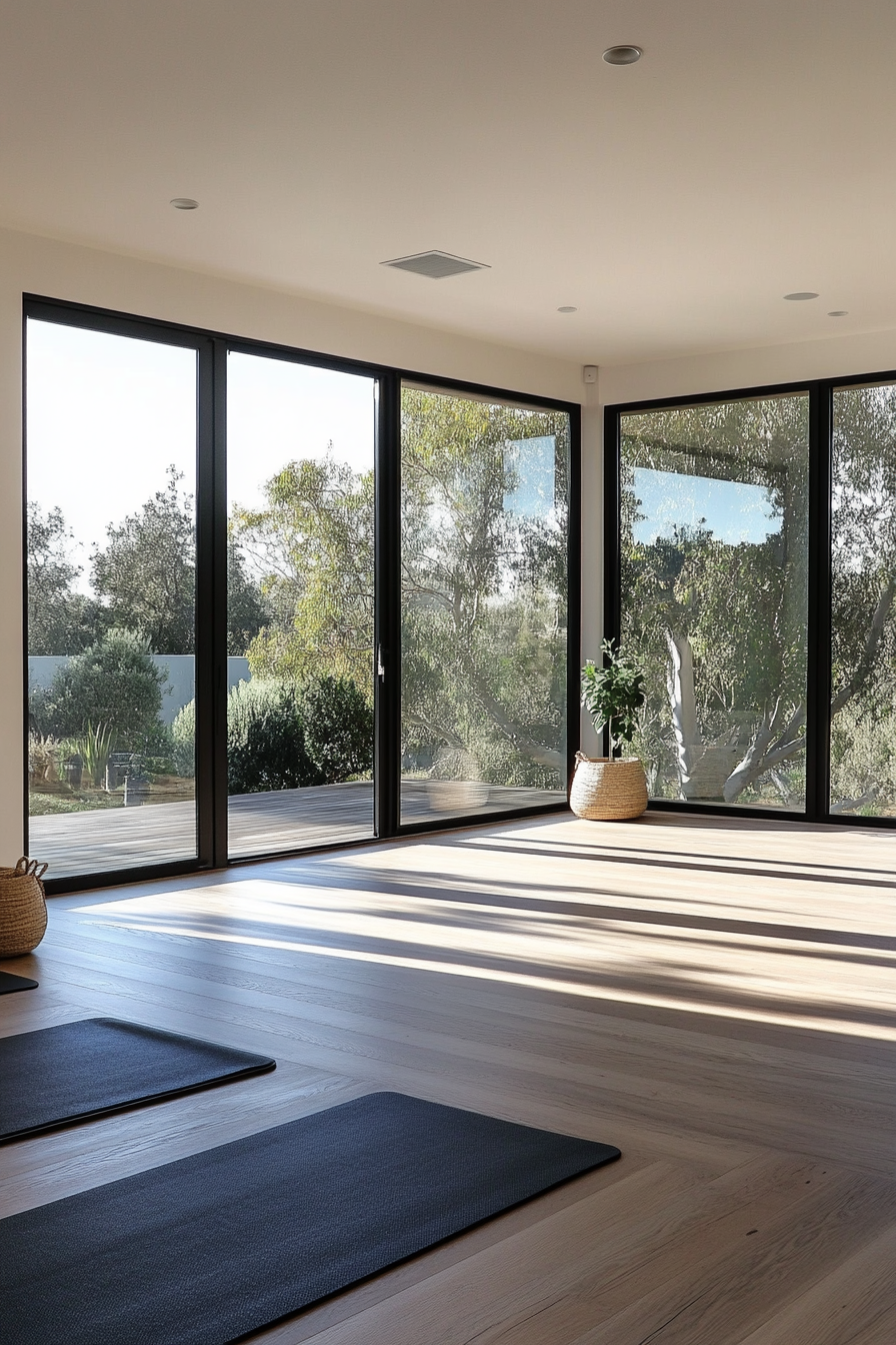 Home Yoga Studio. Timber floor with minimalistic matted corner.