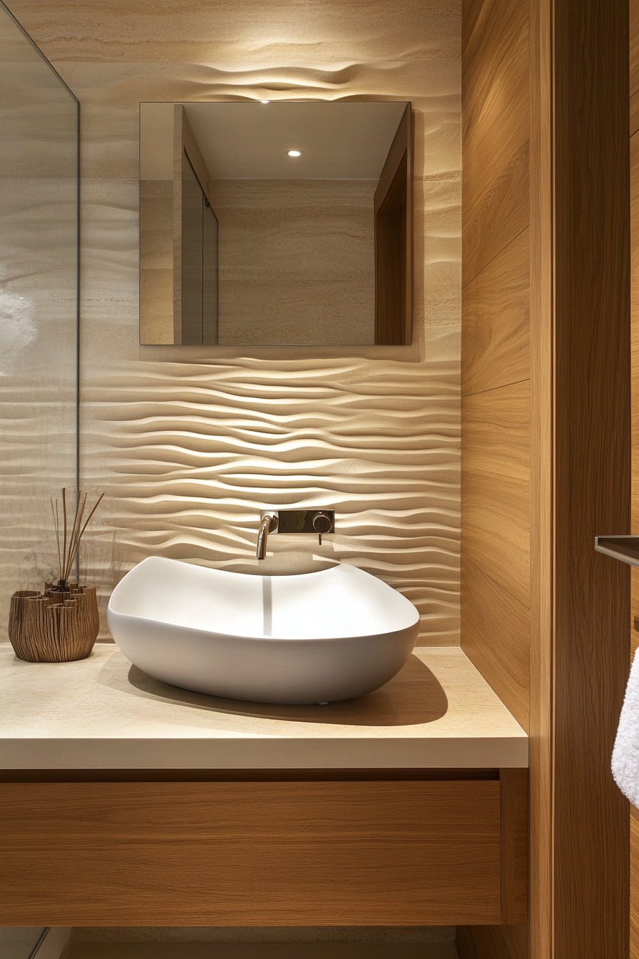 Luxurious small bathroom. Timber finishes with zen-inspired natural stones.