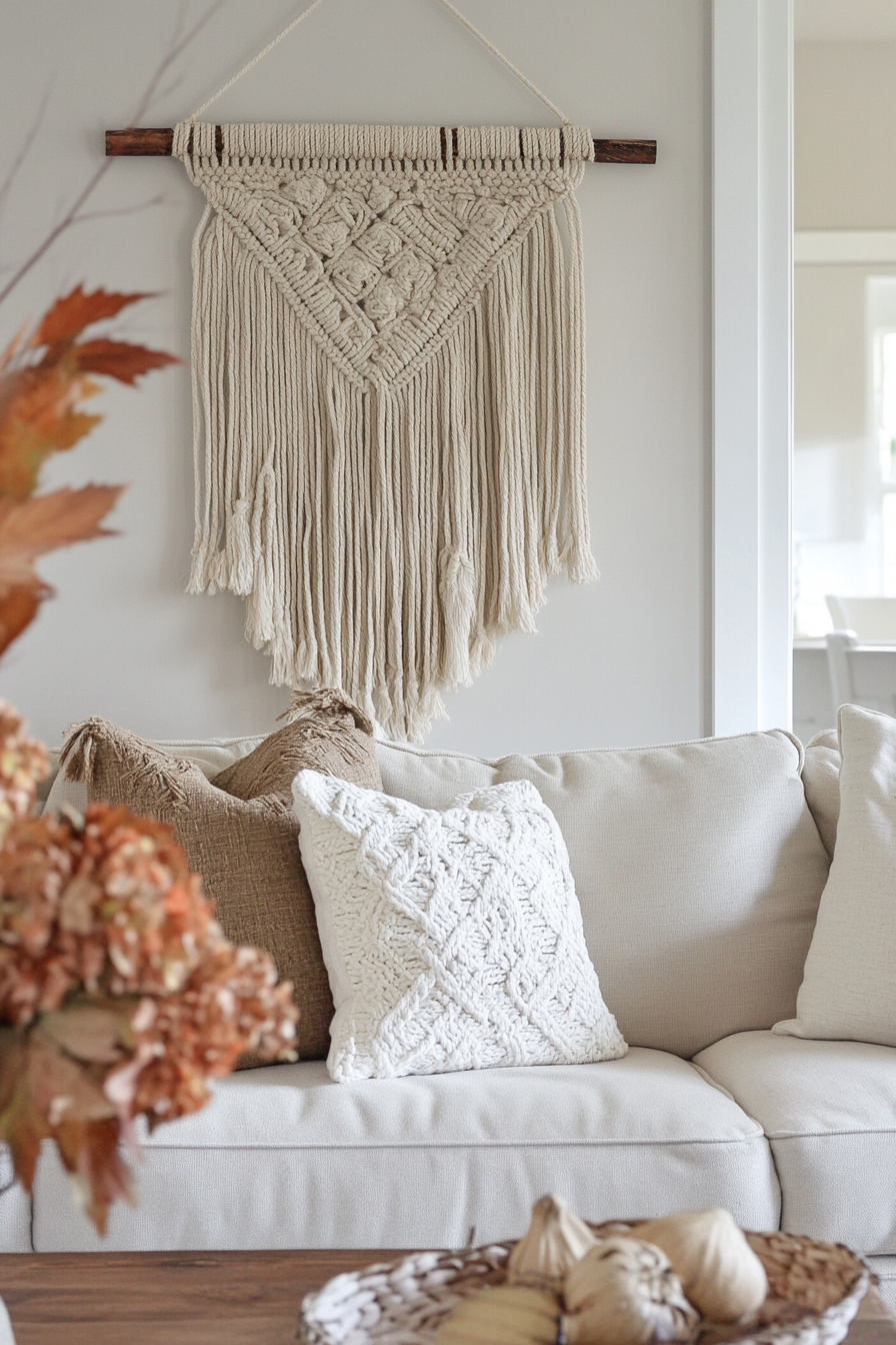 Fall living room. Neutral color pallet with macrame wall hanging.