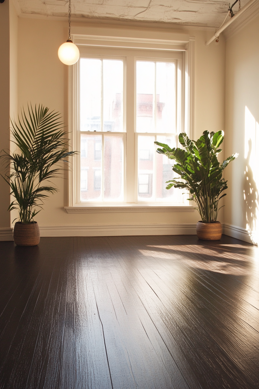 Upscale yoga studio interior. Ivory walls, potted ferns, and smooth dark wooden floors.