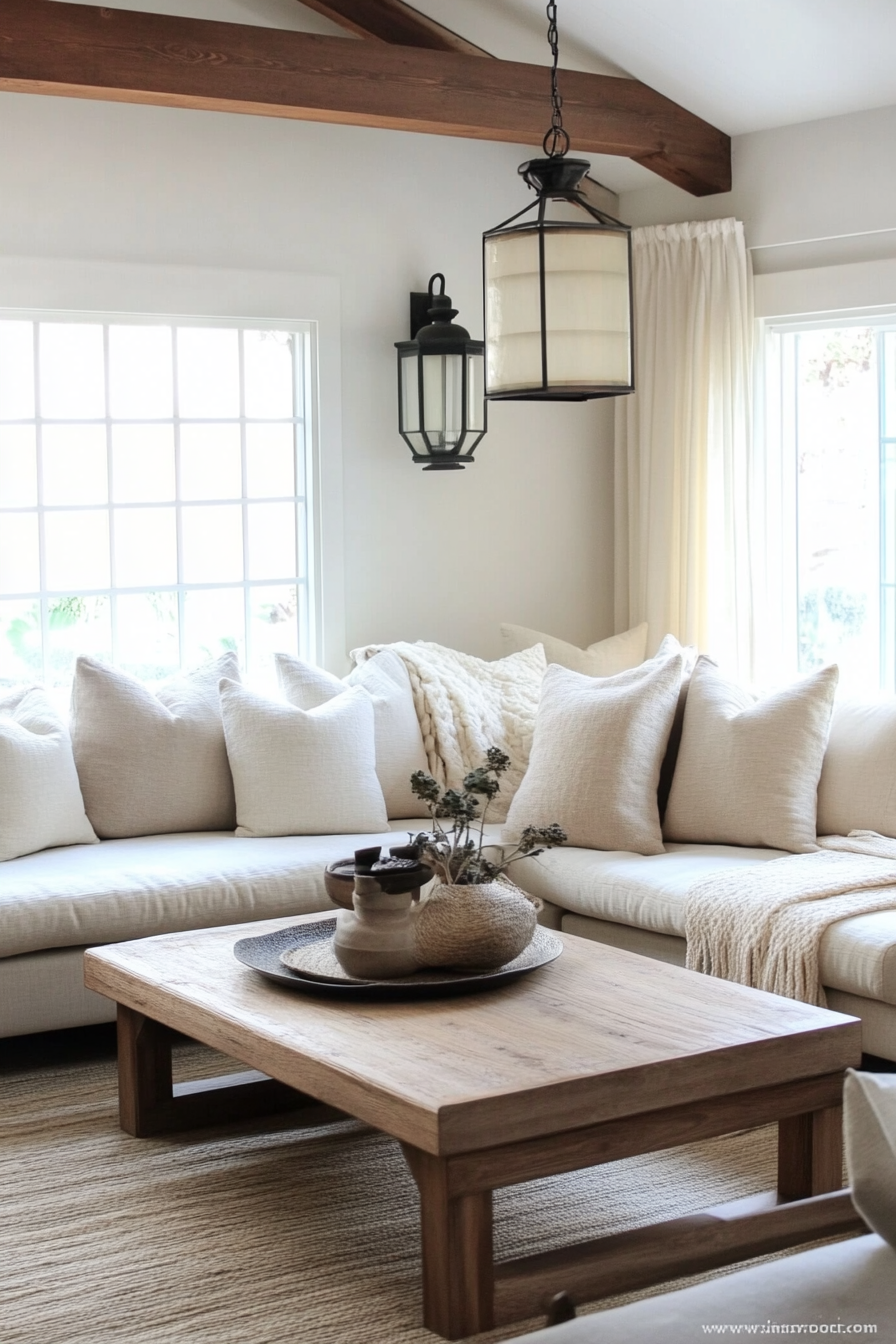 Fall living room. Neutral palette with Japanese lanterns and sleek wood finishes.