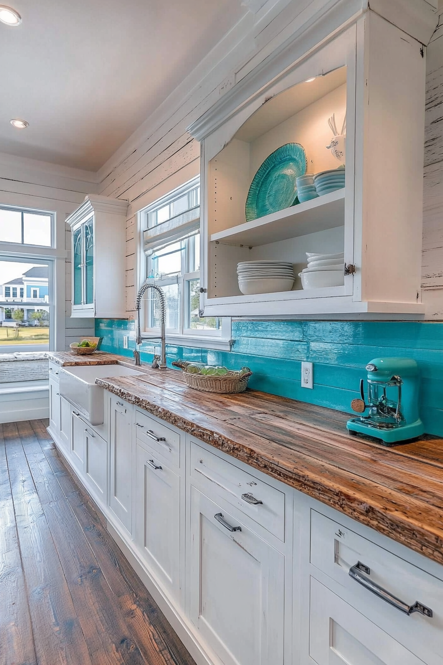 Coastal-themed kitchen. White cabinetry, distressed wooden counter, teal accents.