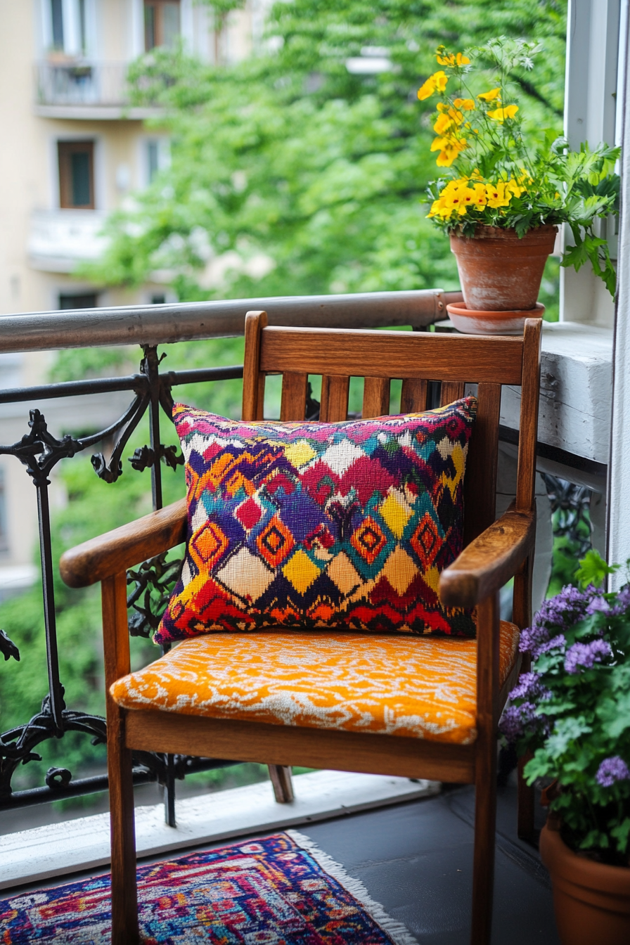 Urban Boho Balcony. Wooden chair with vivid ikat-pattern throw pillow.