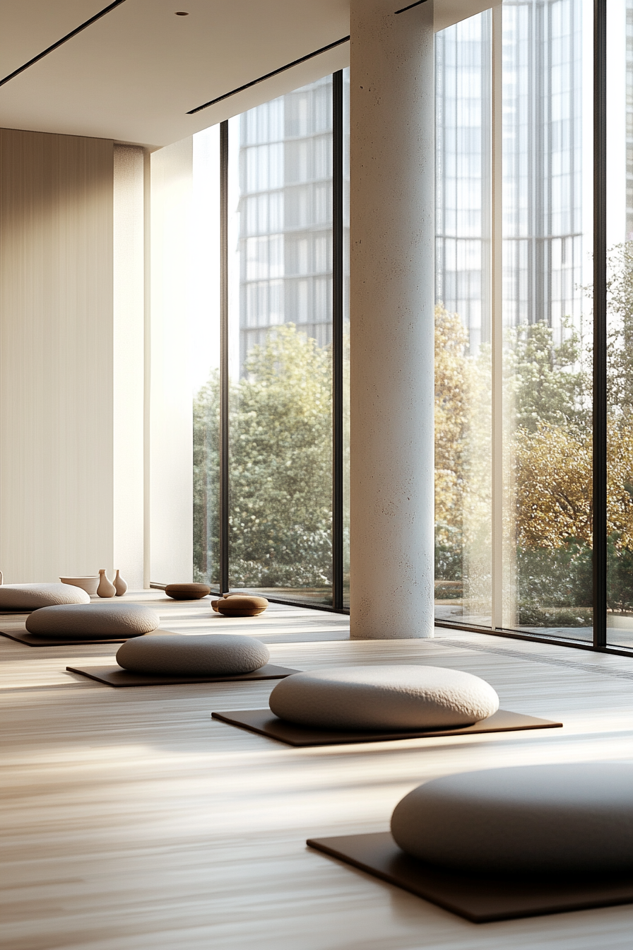 Upscale yoga studio interior. Minimalist furniture with floor to ceiling glass windows.