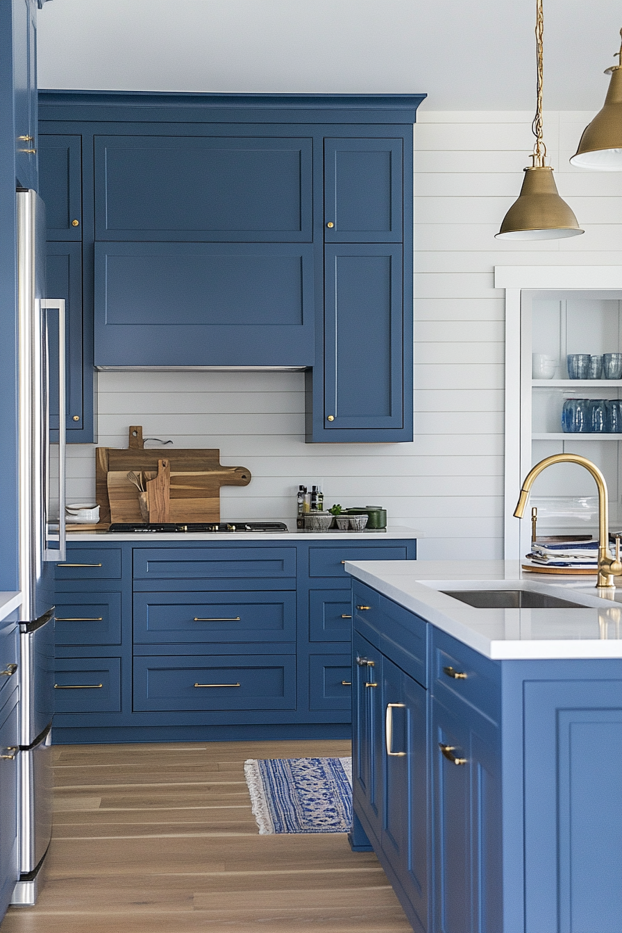 Coastal modern kitchen. Blue cabinetry with white quartz countertops.