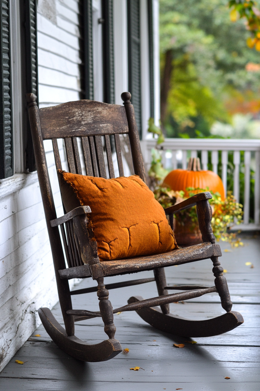 Fall porch. Antique rocking chair with pumpkin pillow.