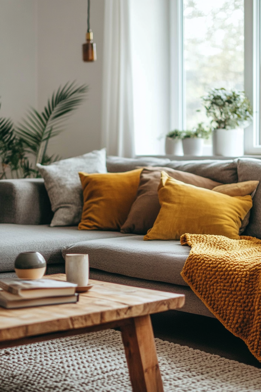 Fall Japandi living room. Wooden furniture with mustard yellow throw blankets.