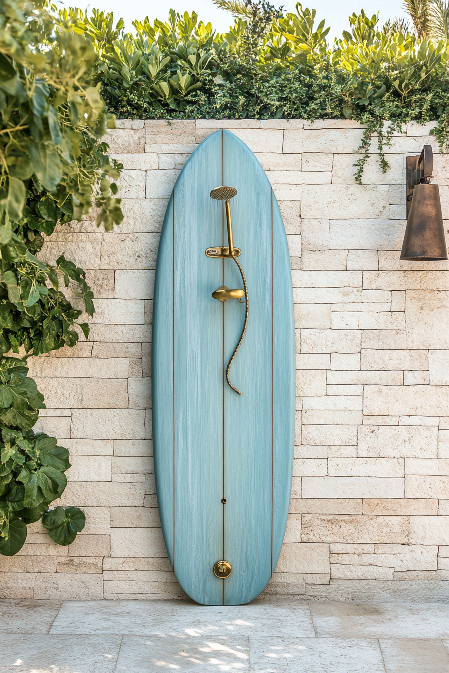 Outdoor shower setup. Surfboard wall with brass fixtures.