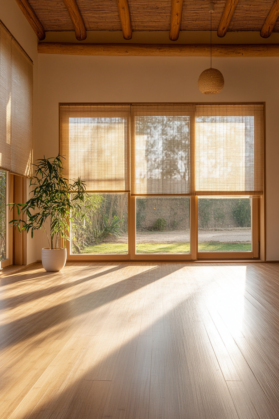 Japandi home yoga studio. Bamboo flooring with natural light streaming through Satori window blinds.