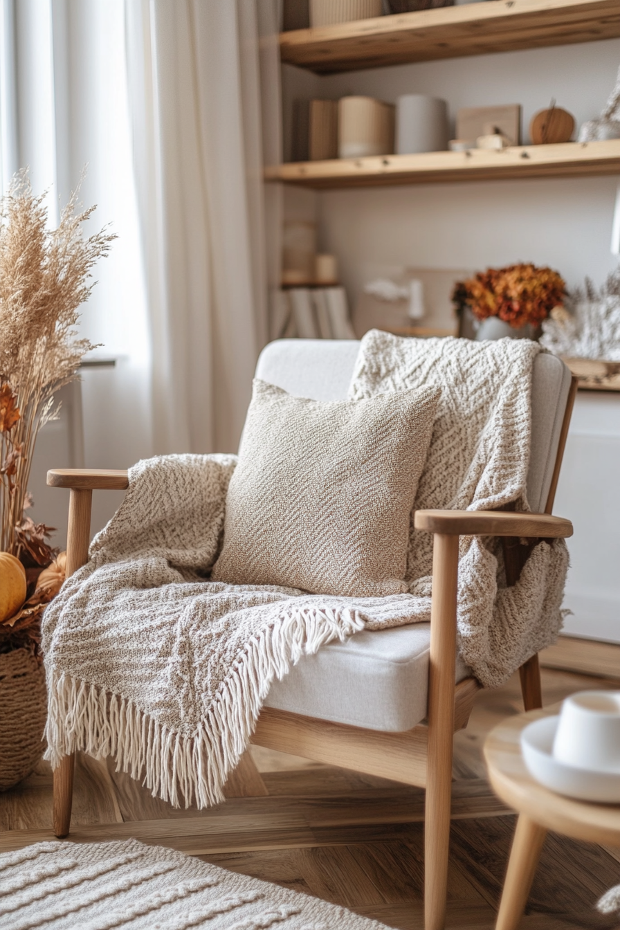 Fall living room. Rustic wooden furniture with herringbone blanket and autumn plants.