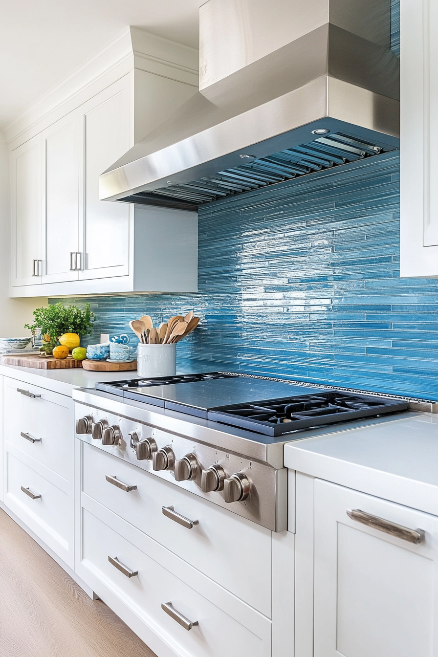 Modern coastal kitchen. White cabinets, blue backsplash, brushed nickel hardware.