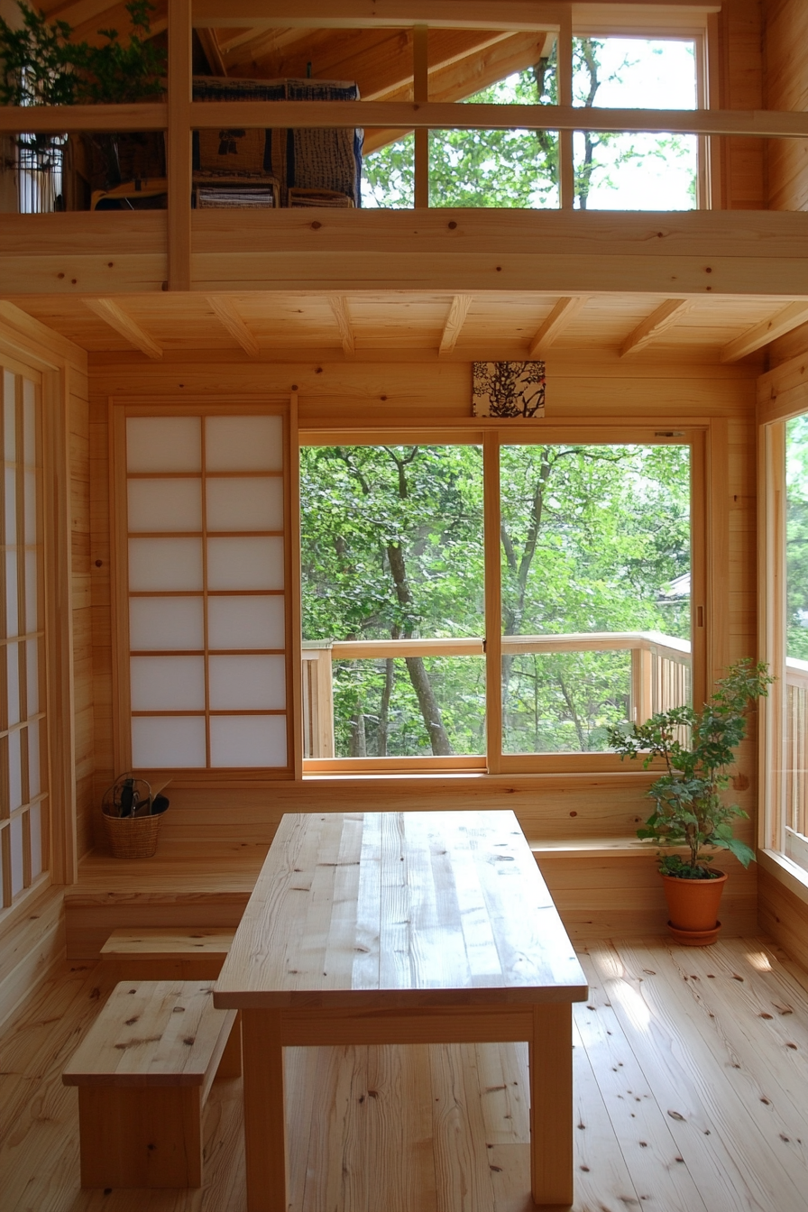 Tiny home interior. Minimalistic wooden furniture with Japanese Shoji screen divider.