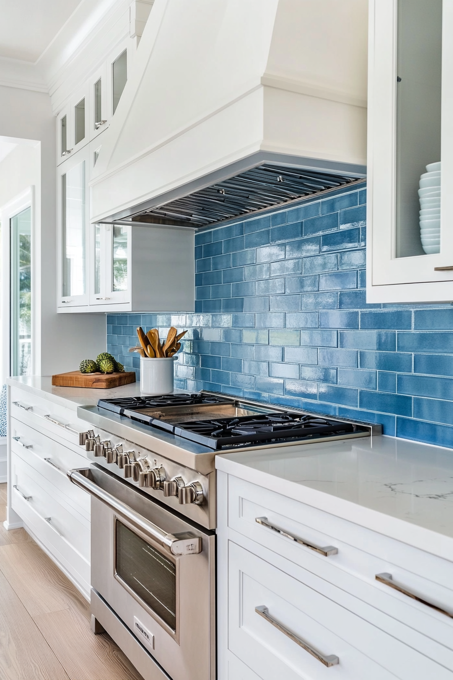 Modern coastal kitchen. White cabinets, blue tile backsplash.