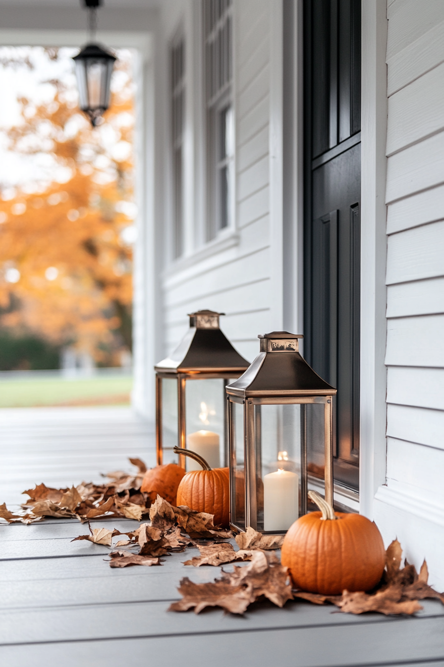 Fall porch. Orange pumpkins, crisp brown leaves, matching minimalist metallic lanterns.