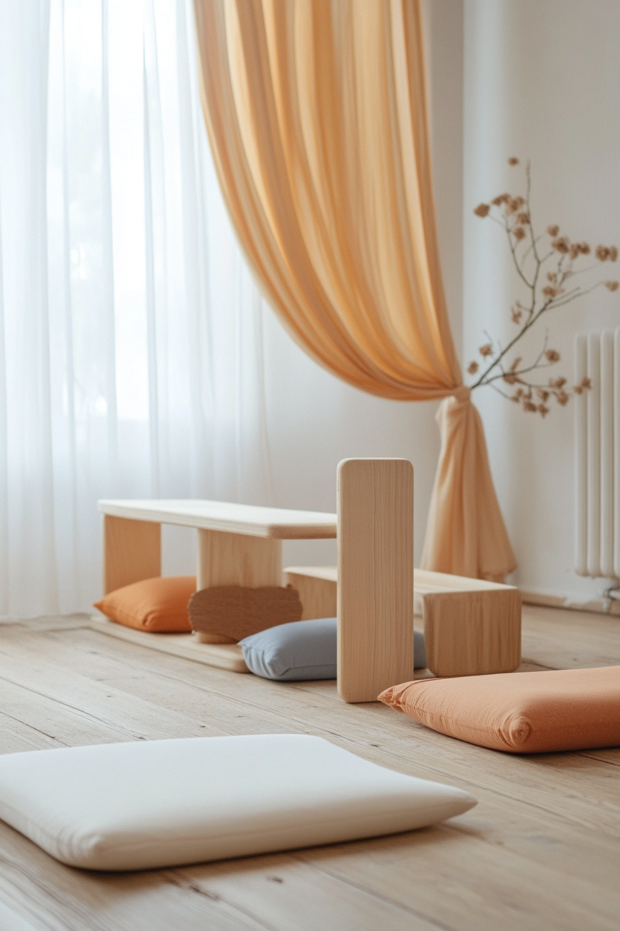 Kids' yoga area. Compact mat in soft colors, Montessori wooden balance board.