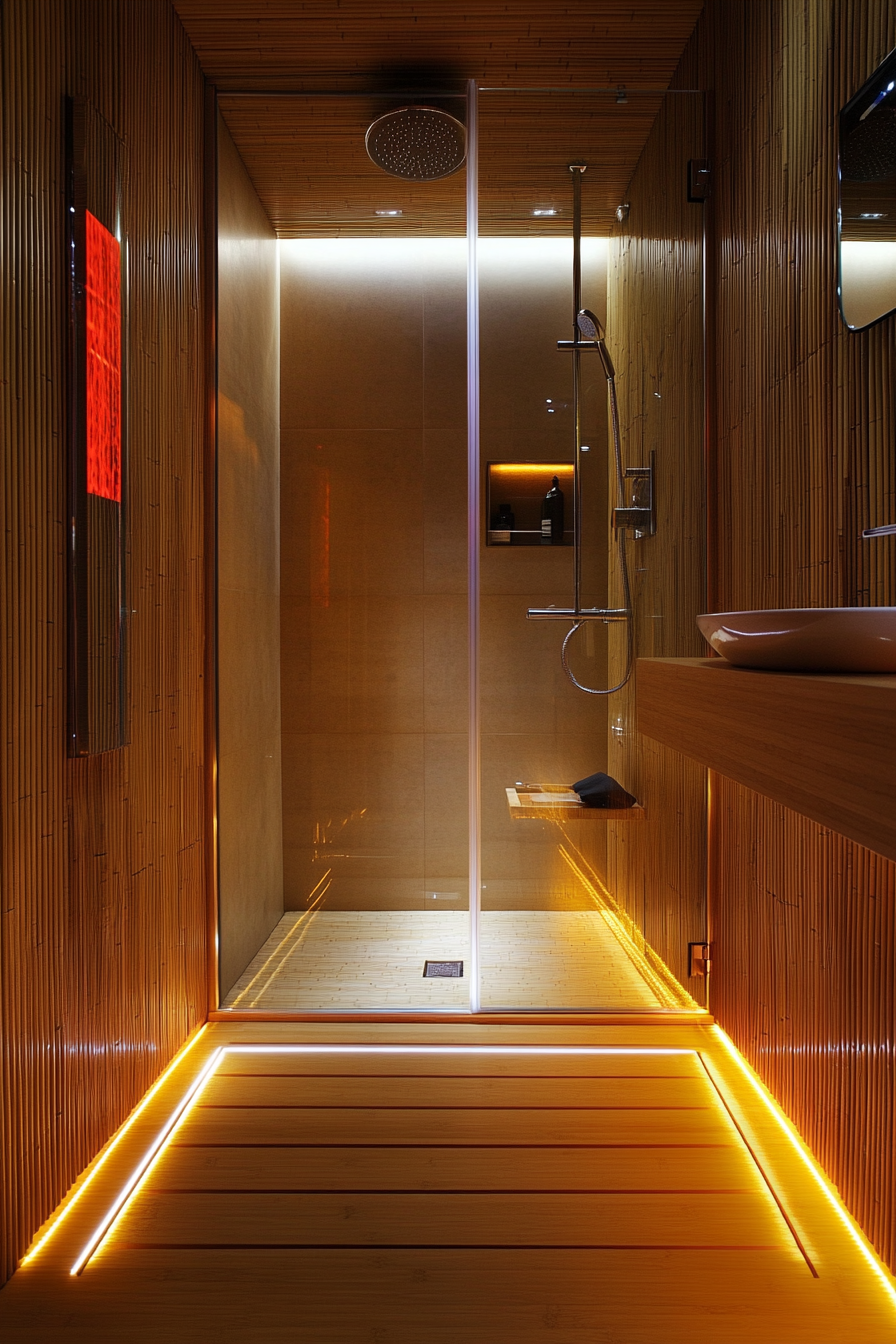 Small luxurious bathroom. Bamboo accents, floor heating, rainfall shower, light therapy.