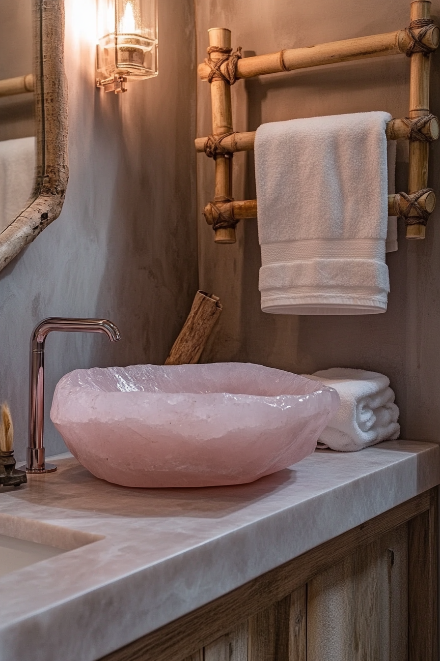 Luxurious small bathroom. Rose quartz sink with bamboo towel rack.