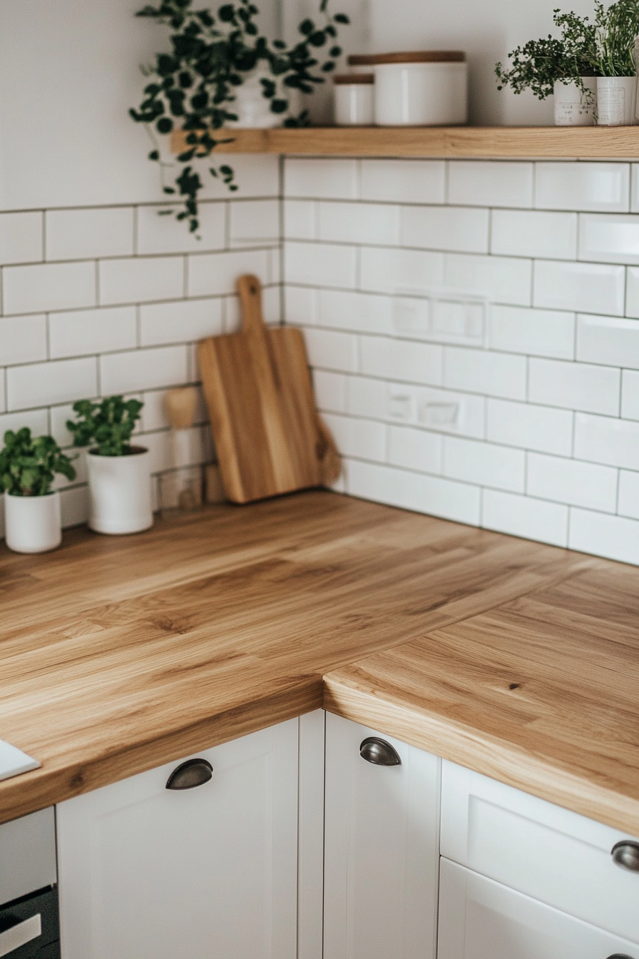 Japandi Kitchen Transformation. Oak Wood Countertop with White Backsplash.